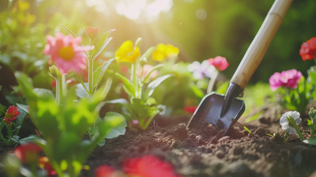 Planting Flowers In Sunny Garden. Spring Gardening Works Conceptの素材