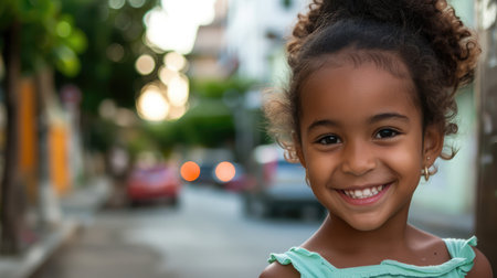 Little girl in an urban setting smiles at the camera.の素材