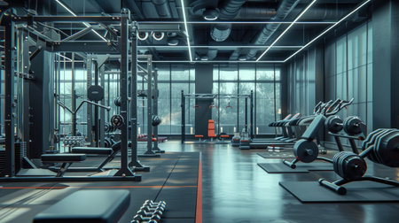 Modern light gym. Sports equipment in gym. Barbells of different weight on rack.の素材