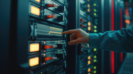 Photo of Out of Focus IT Technician Turning on Data Server.の素材