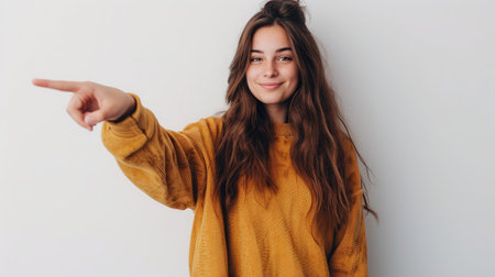 Photo of happy young woman standing isolated over white wall background. Looking camera showing copyspace pointing.の素材