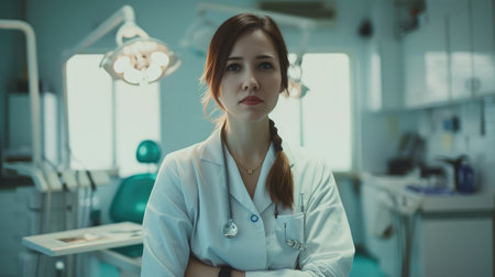 Portrait of female dentist .She standing in her dentist office.の素材