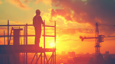 Silhouette engineer standing orders for construction crews to work on high ground heavy industry and safety concept over blurred natural background sunset pastelの素材