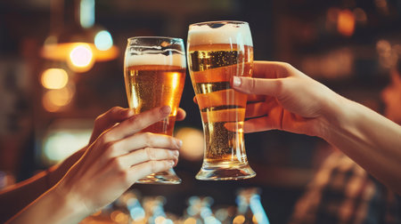 Two friends toasting with glasses of light beer at the pub. Beautiful background of the Oktoberfest. fine grain. Soft focusの素材