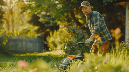 Professional Caucasian Gardener in His 40s Trimming Grass Lawn Using Modern Electric Cordless Mower. Landscaping Industry Theme.の素材