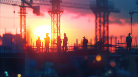 Silhouette Teams of Business Engineers looking for blueprints in construction sites through blurry construction sites at sunset.の素材