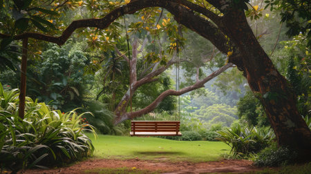 Swing bench in lush garden. Curved swing bench hanging from the bough of a tree in a lush garden with woodland backdrop for relaxing on hot summer daysの素材