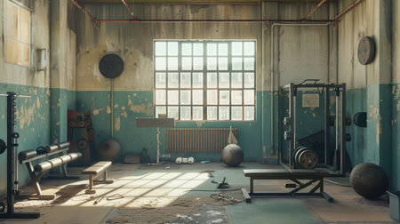 Old gym interior with equipmentの素材