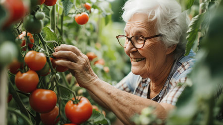 Senior woman picking tomatoes from vegetable gardenの素材