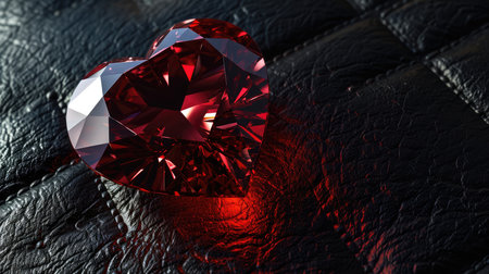 Red heart shaped diamond, on a black leather backgroundの素材