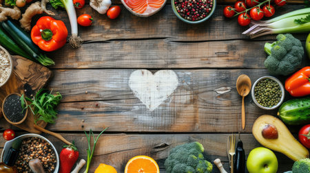 Healthy food in heart and cholesterol diet concept on vintage boardsの素材