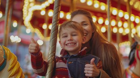 A happy mother and son are riding on a merry-go-round carousel together, smiling and having fun at a fair or amusement park. The boy holds a thumbs upの素材