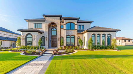 Beautiful exterior of newly built luxury home. Yard with green grass and walkway lead to ornately designed covered porch and front entrance.の素材