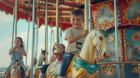 Cute kids having fun riding on a colorful carnival carouselの素材
