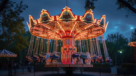 Children's Carousel at an amusement park in the evening and night illumination. amusement park at night. amusement park, picture for the background.の素材
