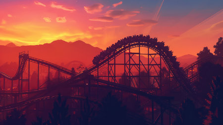 colorful silhouette of a roller coaster at sunset, after a sunny day at entertainment parkの素材