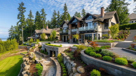 Luxury house with beautiful landscaping on a sunny day. Home exterior.の素材