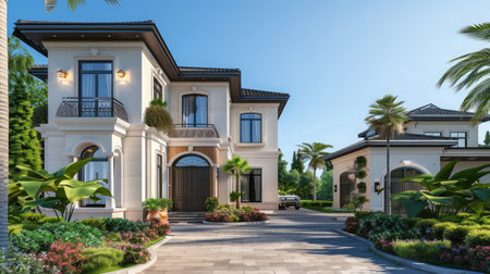 Luxury house with beautiful landscaping on a sunny day. Home exterior.の素材