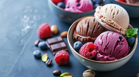 Gourmet summer dessert of artisanal or craft ice cream made with fresh berries, macaroons, coffee beans, pistachio nuts and chocolate served in bowls in a wide angle bannerの素材