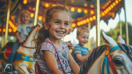 Kids having fun on a carnival Carouselの素材