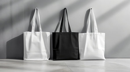 White and black tote bags on a grey background.の素材
