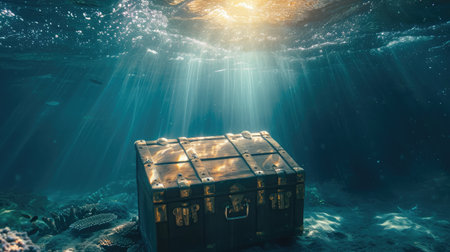 photo of treasure chest submerged underwater with light raysの素材