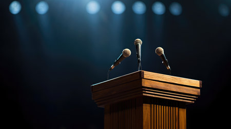 wooden speech podium with three small microphones attached on a dark background spotlitの素材
