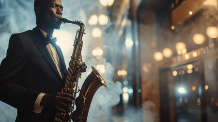 African American jazz musician playing the saxophoneの素材