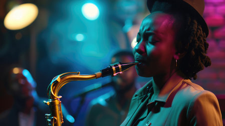 Female singer and saxophonist performing at the jazz clubの素材