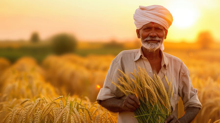 Indian farmer holding crop plant in his Wheat fieldの素材