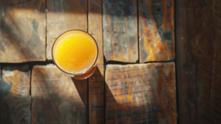 Glass of orange juice from above on vintage wood table. Empty ready for your orange juice, fruit product display or montage.の素材