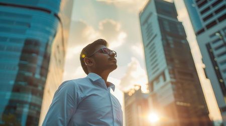 Confident rich eastern indian business man executive standing in modern big city looking and dreaming of future business success, thinking of new goals, business vision and leadership conceptの素材