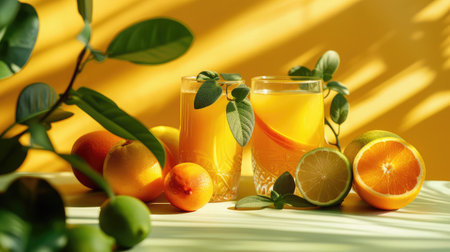 Glasses of juise with leafs and fruits on table on bright backgroundの素材
