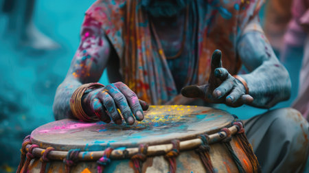 man playing on a dhol with colored face during holi color festivalの素材