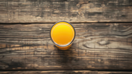 Glass of orange juice from above on vintage wood table. Empty ready for your orange juice, fruit product display or montage.の素材