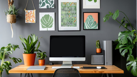 Patterned posters above desk with computer monitor in grey home office interior with plantsの素材