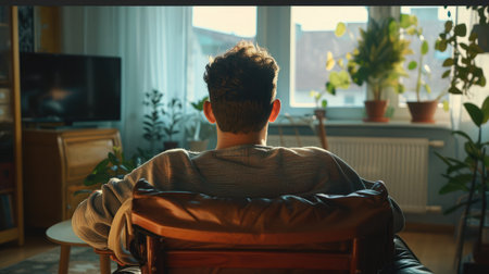 Rear view of man relaxing on chair at homeの素材