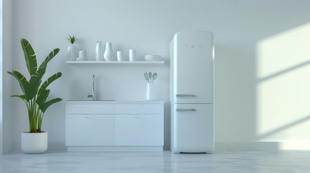 Rent of modern housing sale of new apartment, modern renovation. White furniture with utensils, shelves with crockery and plants in pots, refrigerator in simple minimal dining room, empty spaceの素材