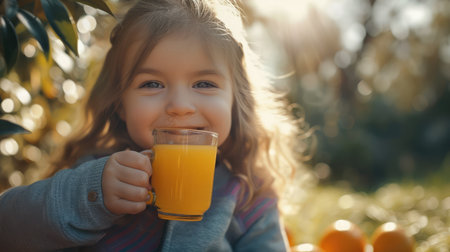 Portrait of happy little girl drinking orange juiceの素材