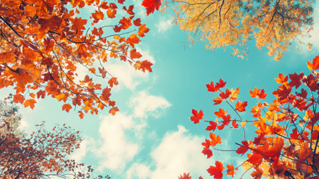 Colorful foliage in the autumn park/ Autumn leaves sky background/ Autumn Trees Leaves in vintage colorの素材