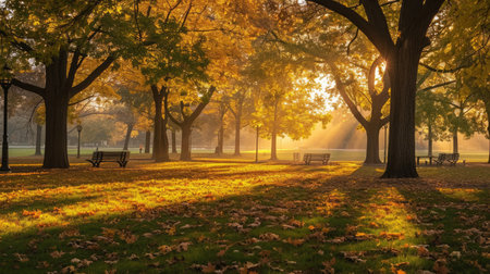 autumn city park at sunriseの素材