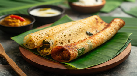 Ragi Dosa, healthy south Indian breakfast item arranged on a round wooden base lined with banana leaf and coconut chutney placed beside it.の素材