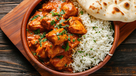 Chicken tikka masala spicy curry meat food in a clay plate with rice and naan bread on wooden background.の素材