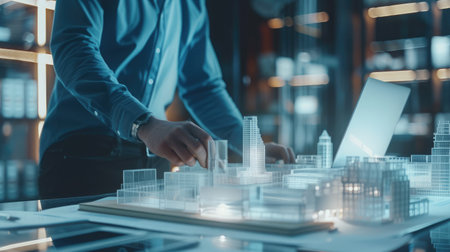 Businessman working laptop for new architectural project. Generic design notebook on the table. Blurred background, horizontal mockup.の素材