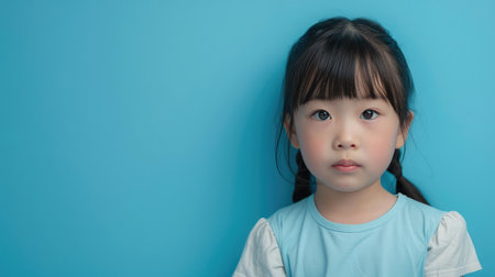 Asian child posing on blue backgroundの素材