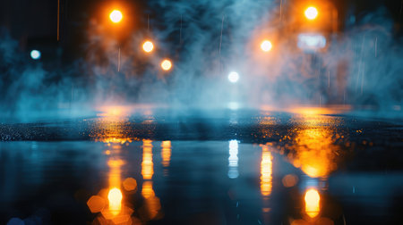 Empty street scene background with abstract spotlights light. Night view of street light reflected on water. Rays through the fog. Smoke, fog, wet asphalt with reflection of lights.の素材