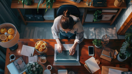Businesswoman typing on laptop at workplace Woman working in home office hand keyboardの素材