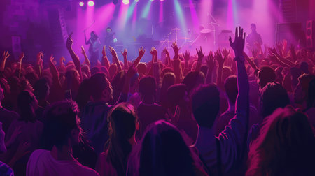 many people enjoying rock concert, crowd with raised up hands dancing in nightclub, audience applauding to musician band, night entertainment, music festival, happy youth, luxury partyの素材