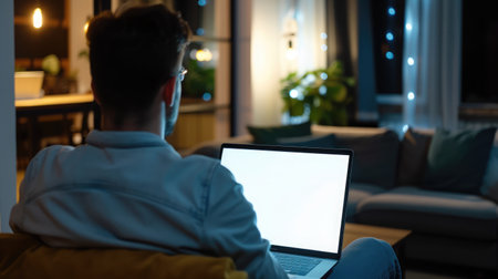 Man using, working on laptop with blank screen in home living room.の素材
