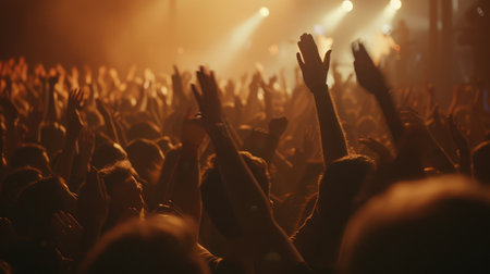 many people enjoying rock concert, crowd with raised up hands dancing in nightclub, audience applauding to musician band, night entertainment, music festival, happy youth, luxury partyの素材